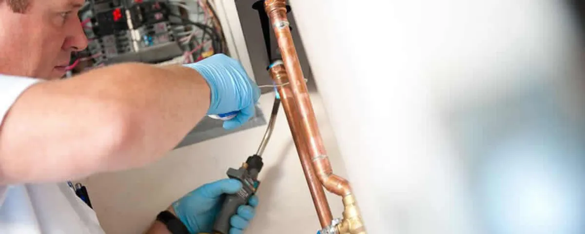 Water heater repair technician testing copper pipe connections and controls in Aurora, CO